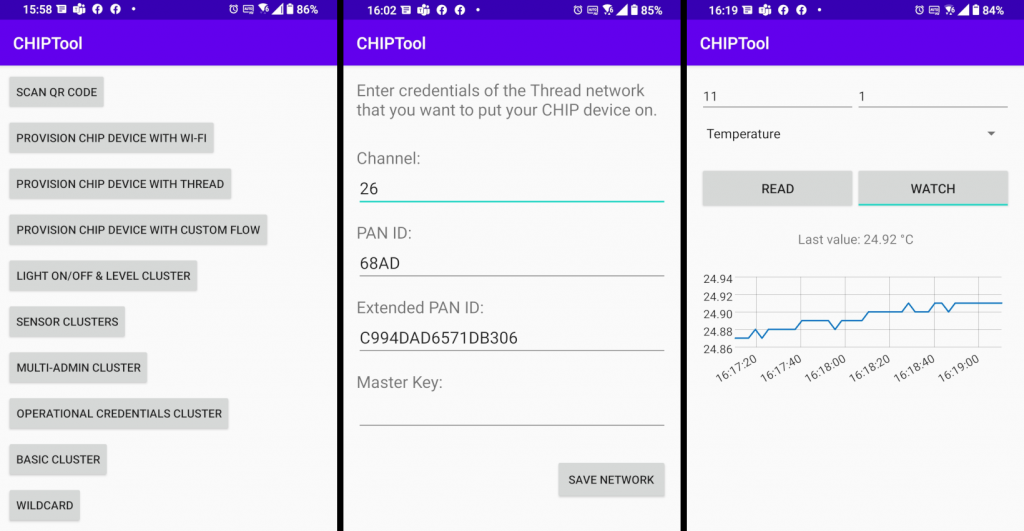 CHIPTool on Android for commissioning, showing three screens: the CHIPTool menu, the Thread provisioning form where you enter the network details, and the sensor cluster watch screen showing a graph of temperature values from the sensor over time