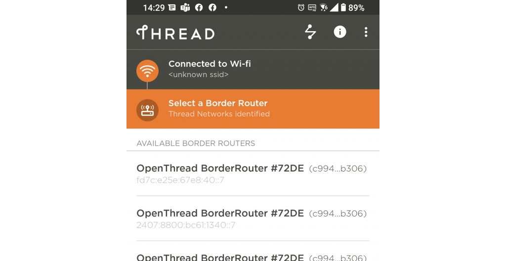 OpenThread Border Router in Android Thread tool, showing the available border routers