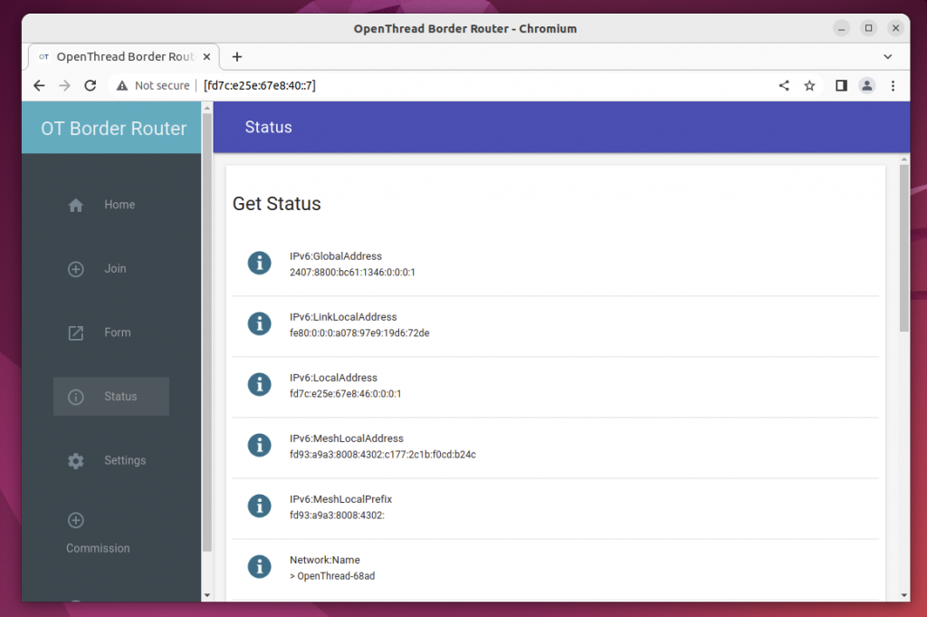 OpenThread Border Router web interface, showing the device status and IPv6 addresses