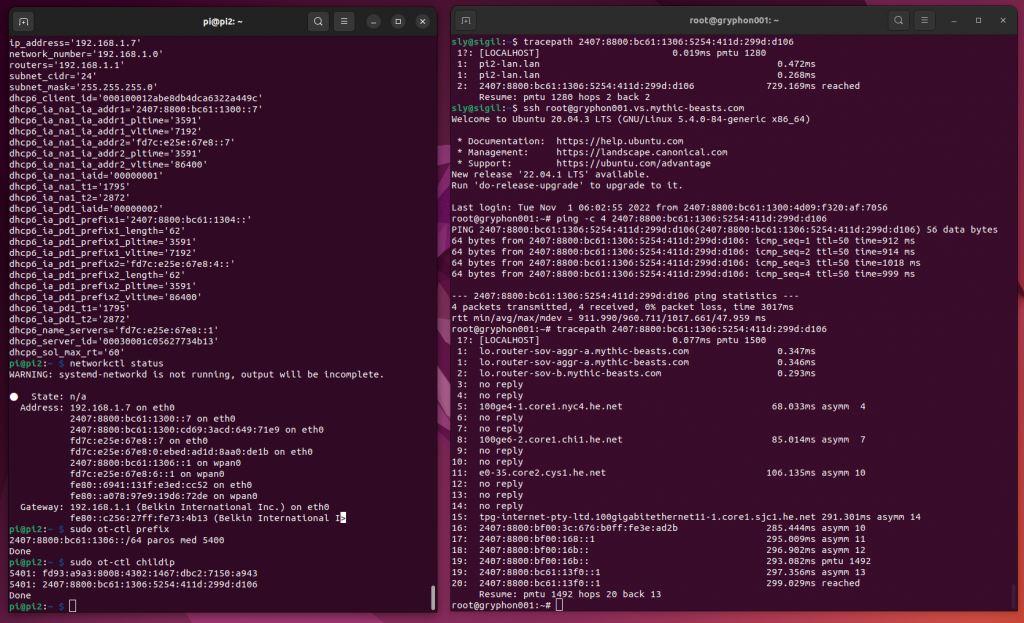 Ping a Thread device from the global Internet, screen shot showing a terminal connected to the border router to output the device IPv6 address, and a second terminal showing a successful ping and tracepath from a server in the UK to the device in Australia